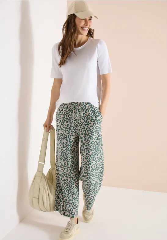 Wide Leg Leinenhose mit Leopardenmuster