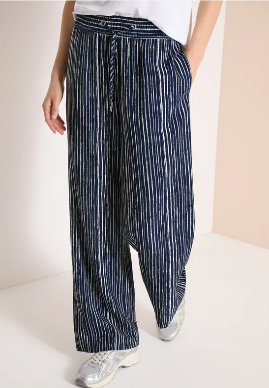 Gestreifte, weitbeinige Crepe-Hose