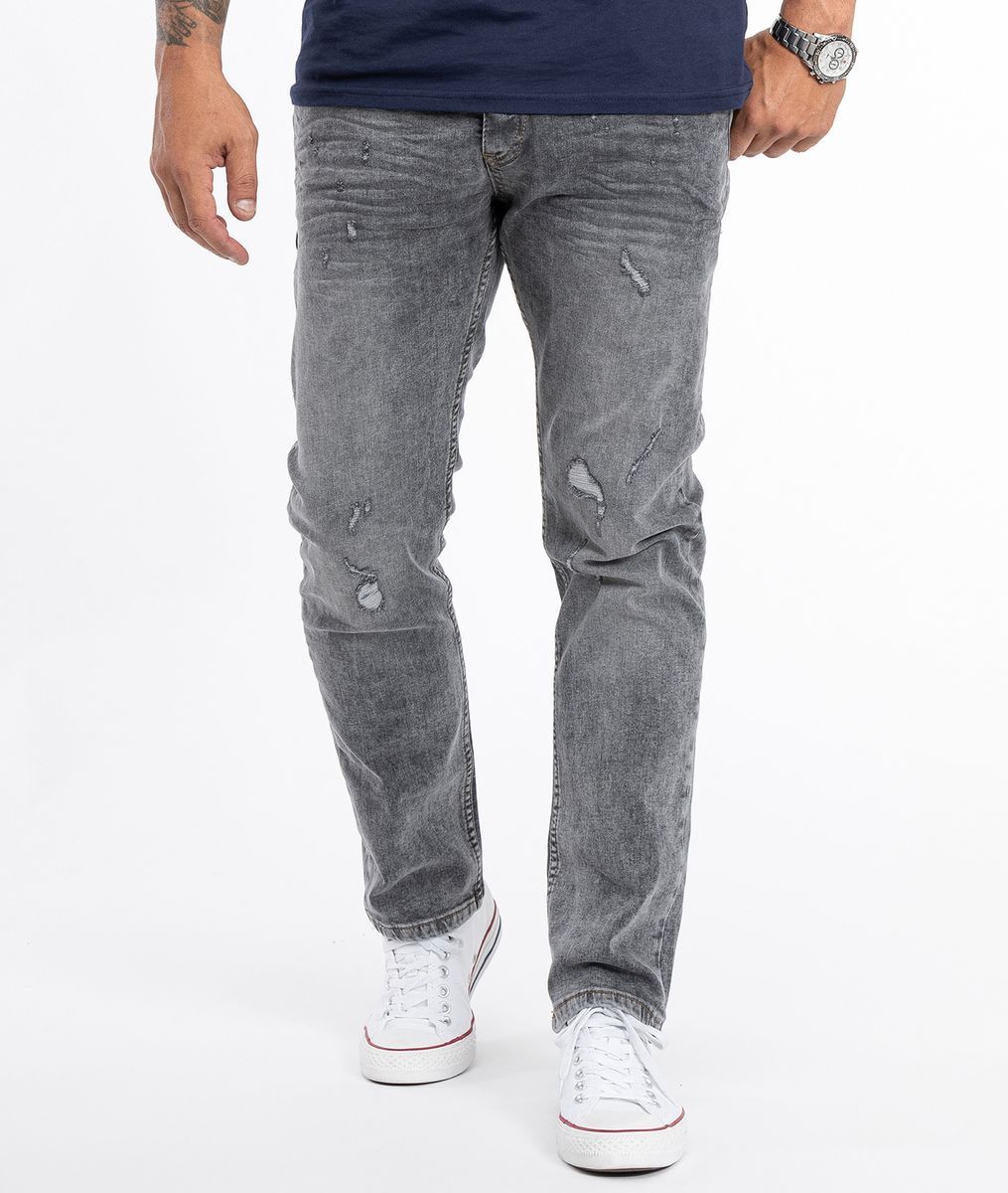 Graue Jeans im Used-Look, gerader Schnitt