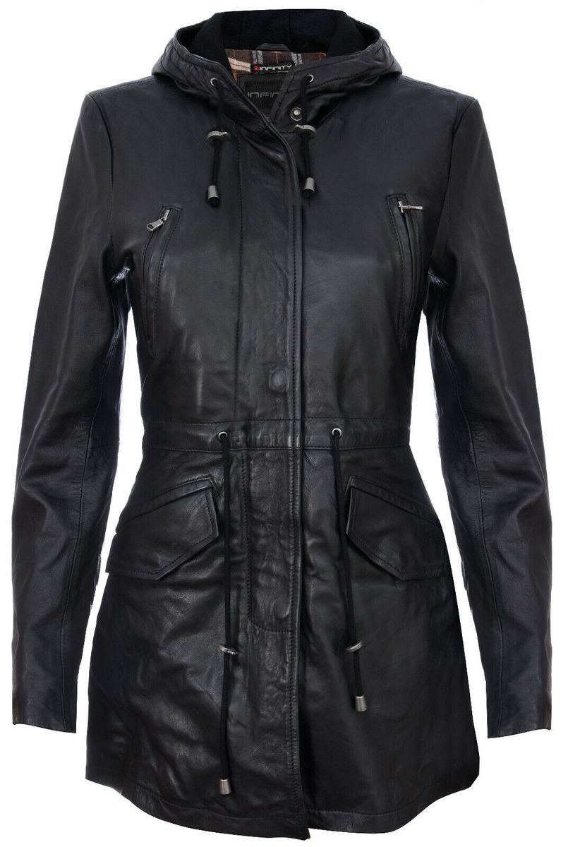 Lederparkajacke mit Kapuze