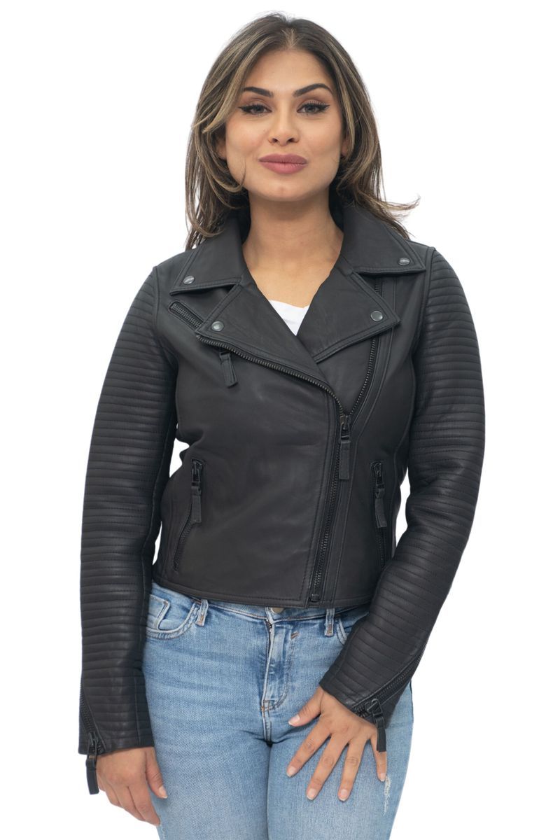 Schwarze Damen Leder Bikerjacke