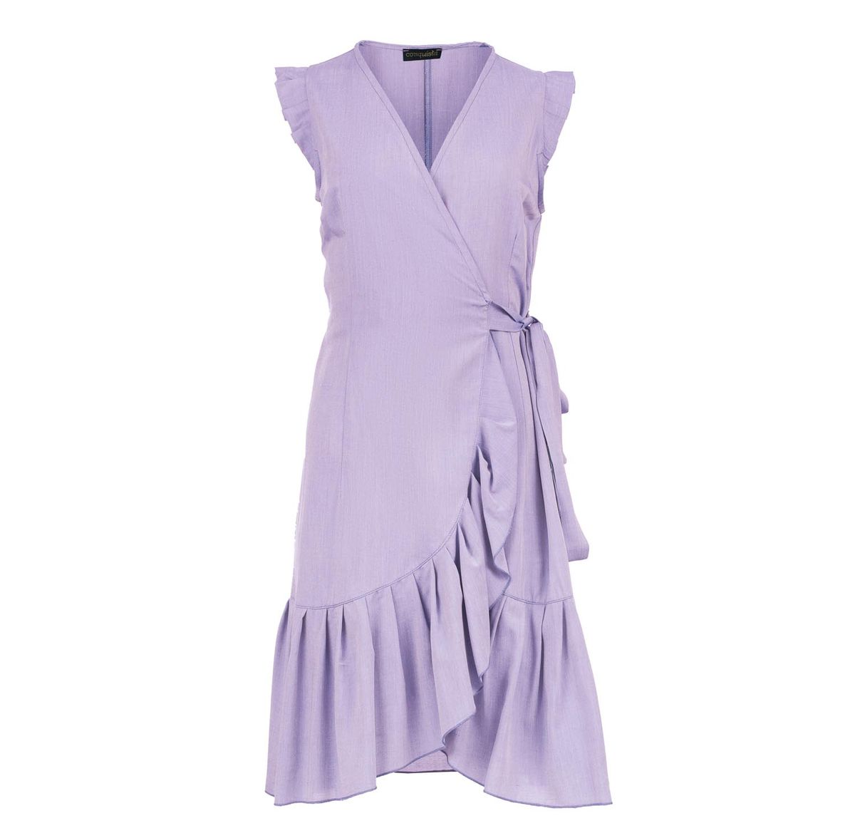 Fliederfarbenes ärmelloses Wickelkleid mit Rüschen