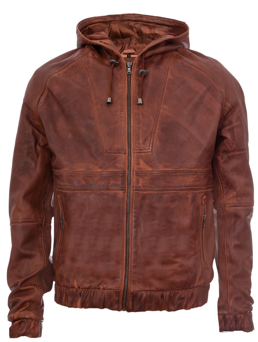 Herren Leder Bomberjacke mit Kapuze