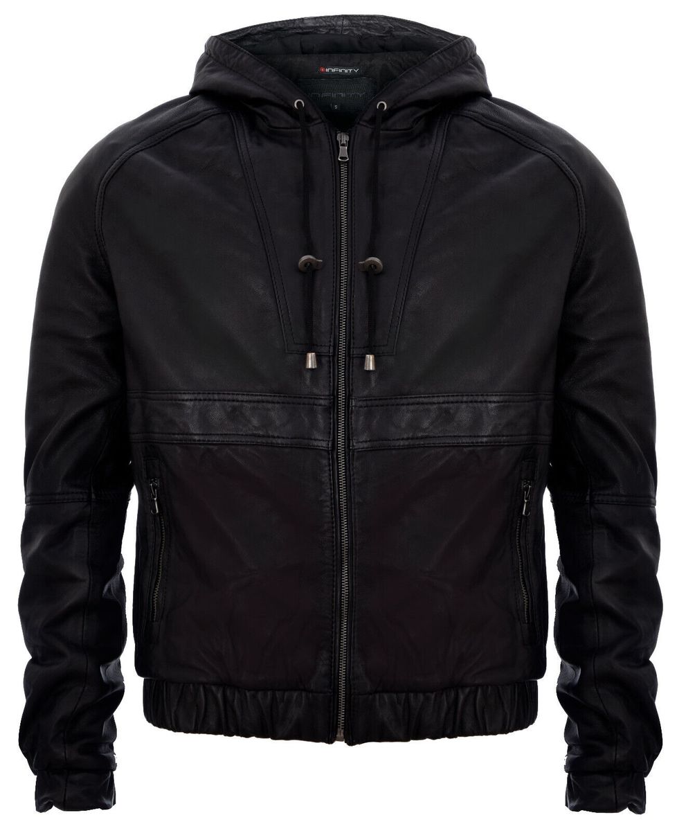 Herren Leder Bomberjacke mit Kapuze