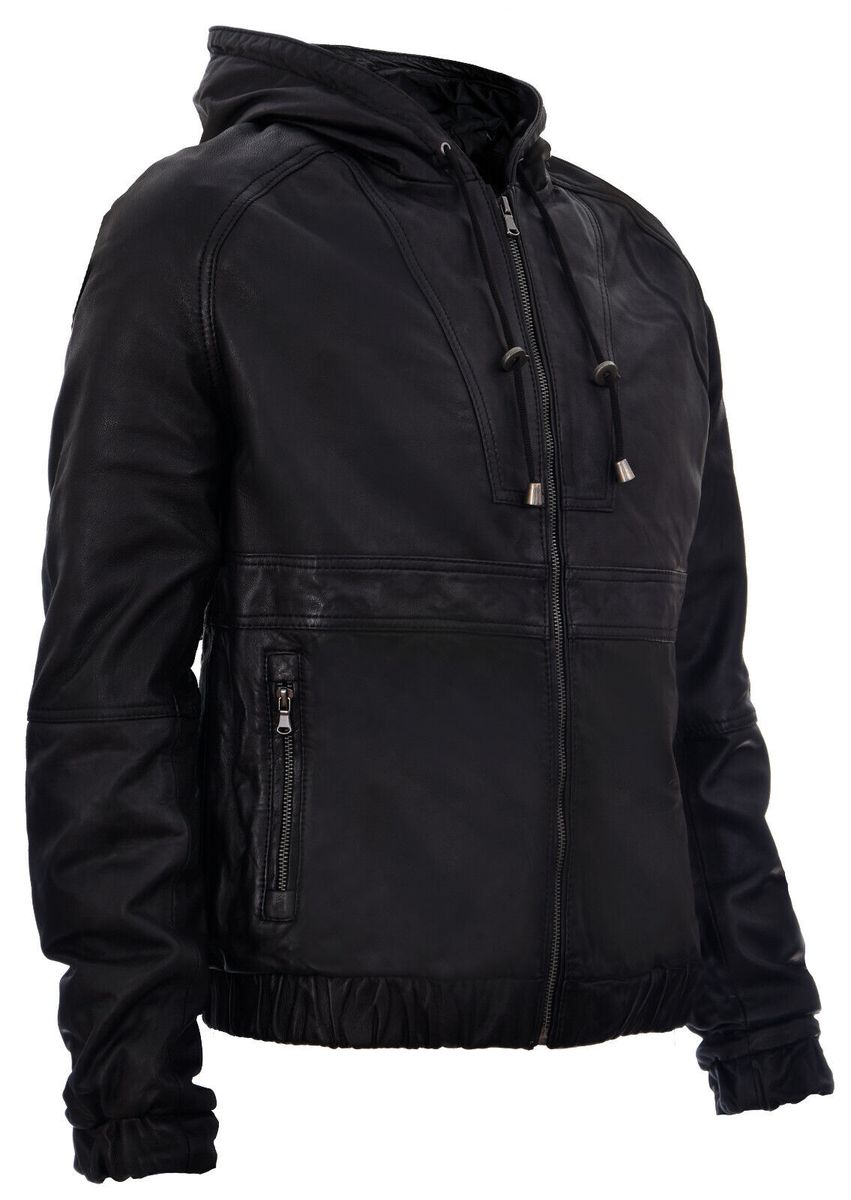 Biker-Bomberjacke aus Leder mit Kapuze