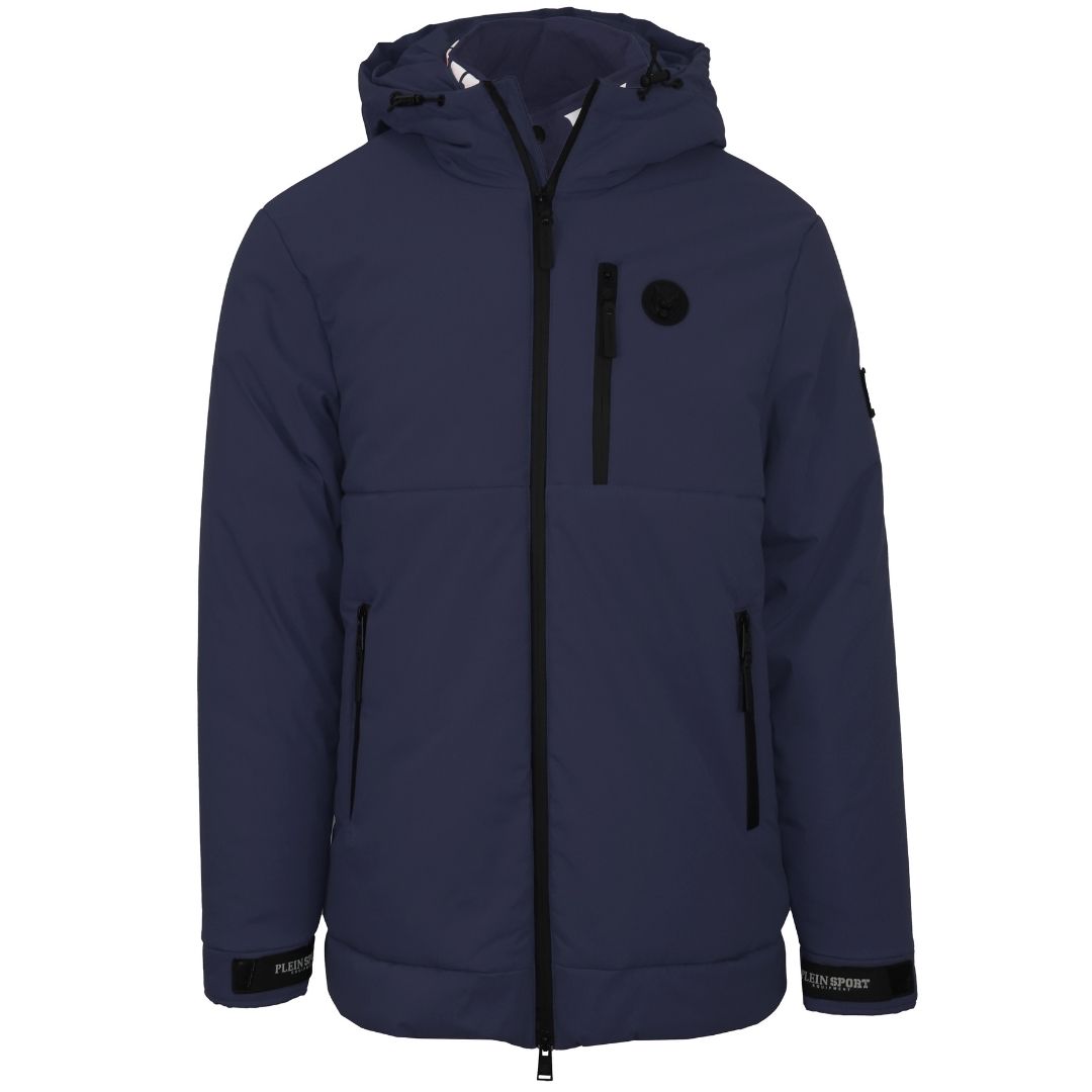 Marineblaue gefütterte Sportjacke mit Kapuze