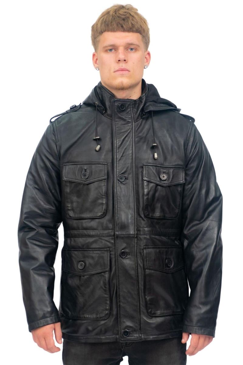 Herren Ledermantel mit Kapuze