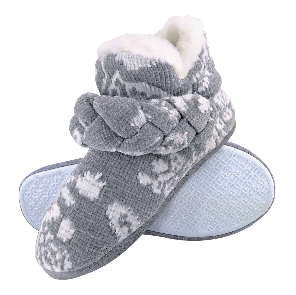 Dunlop - Damen gestrickt warmen Fleece Plüsch Hausschuhe Stiefel / Stiefeletten in Grau Fairisle und Rosa Cord Styles