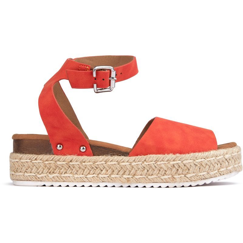 Orangefarbene Espadrille-Plateausandalen mit Knöchelriemen