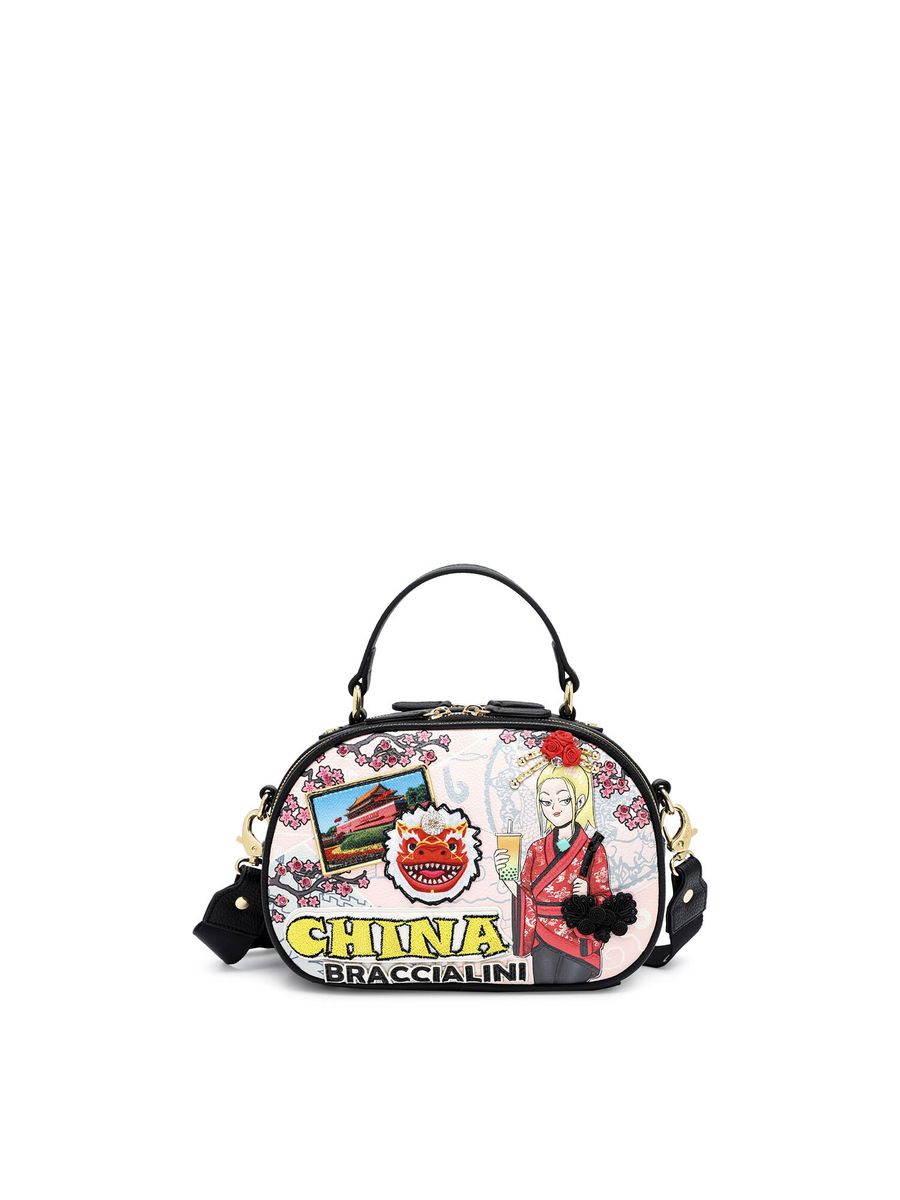 Halbmondförmige Schultertasche mit Schmucksteinen