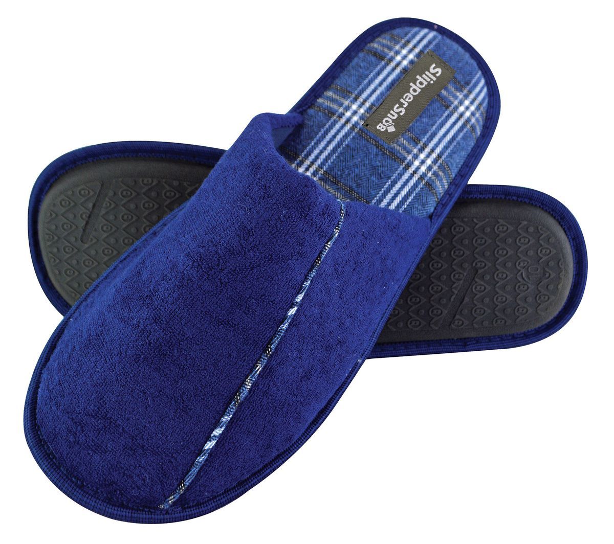 Slipper Snob - Mens Indoor Slip On Mule Hausschuhe | Plain Top Checked Sole | Memory Foam - Navy