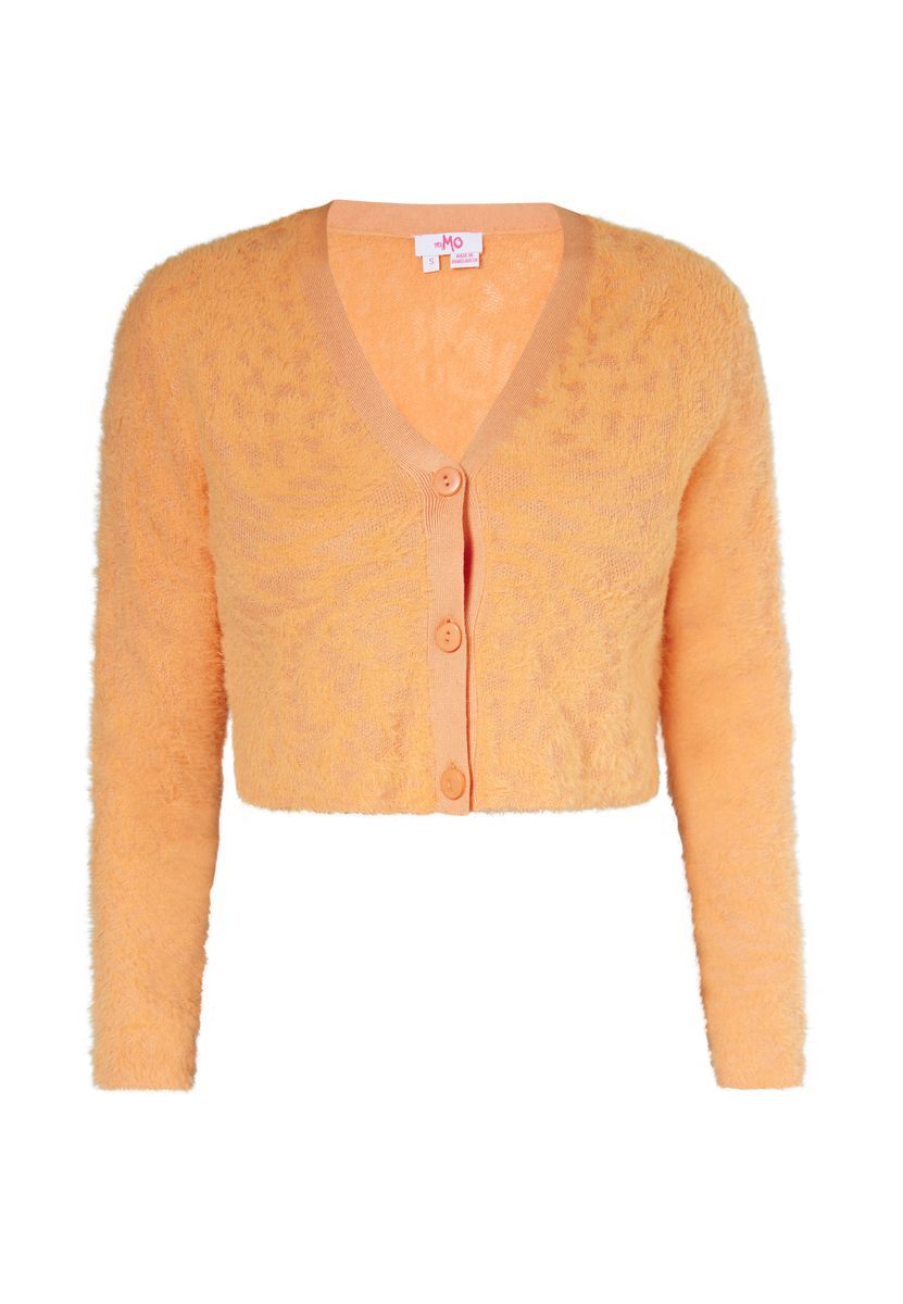 Kurz geschnittene flauschige Strickjacke mit Zebramuster