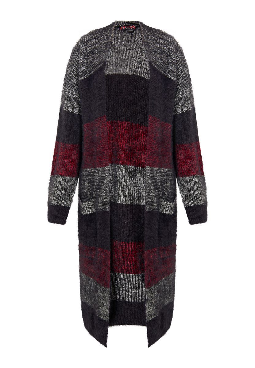 Gestreifte, offene, lange Strickjacke