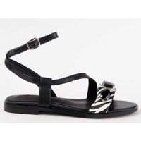 Schwarze Sandalen mit Strass und Knöchelriemen