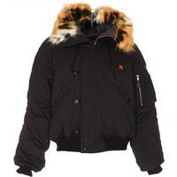 Schwarze gepolsterte Bomberjacke mit Pelzkapuze