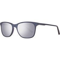 Blau umrandete Sonnenbrille mit silbernen Gläsern