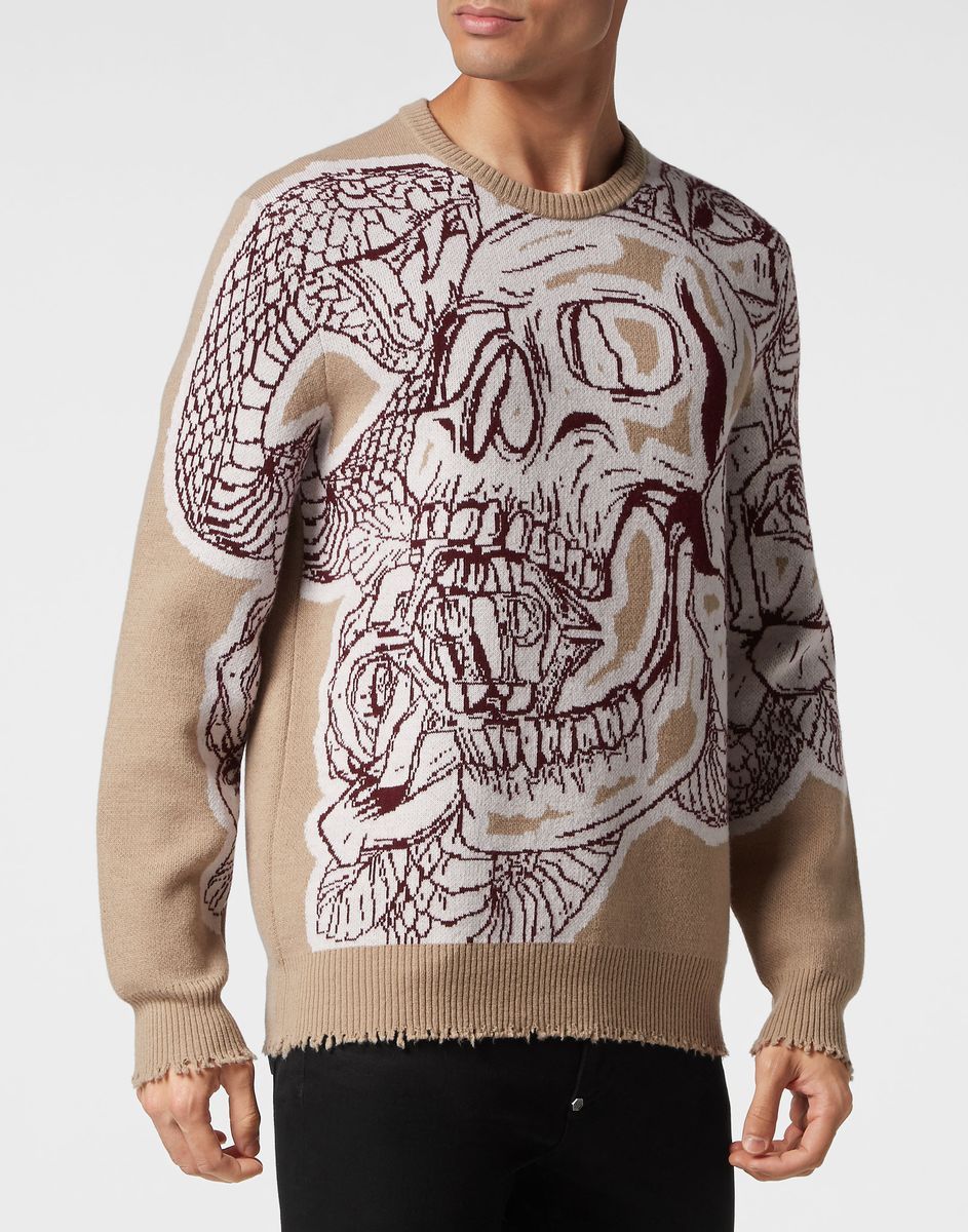 Totenkopf-Intarsien Strickpullover mit Rundhalsausschnitt
