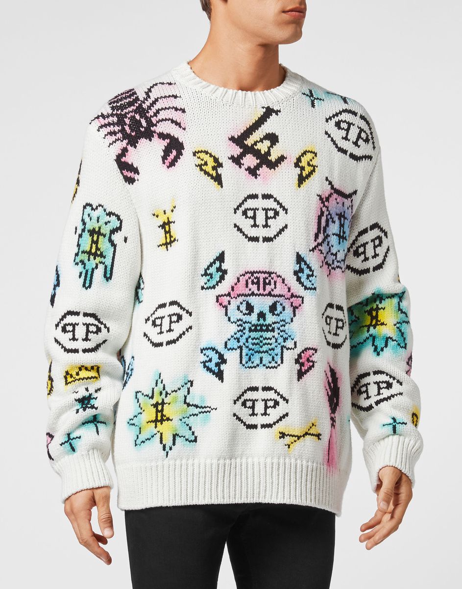 Grafischer Jacquard Strickpullover mit Rundhalsausschnitt