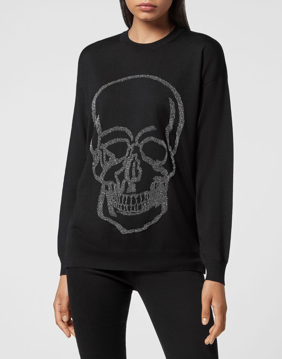 Ikonischer Wollmischpullover mit Totenkopf-Grafik