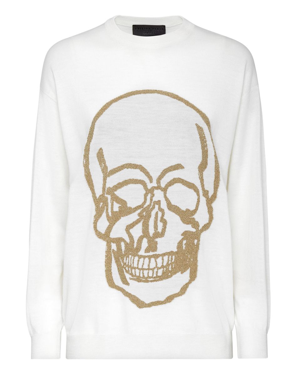 Ikonischer Wollmischpullover mit Totenkopf-Grafik