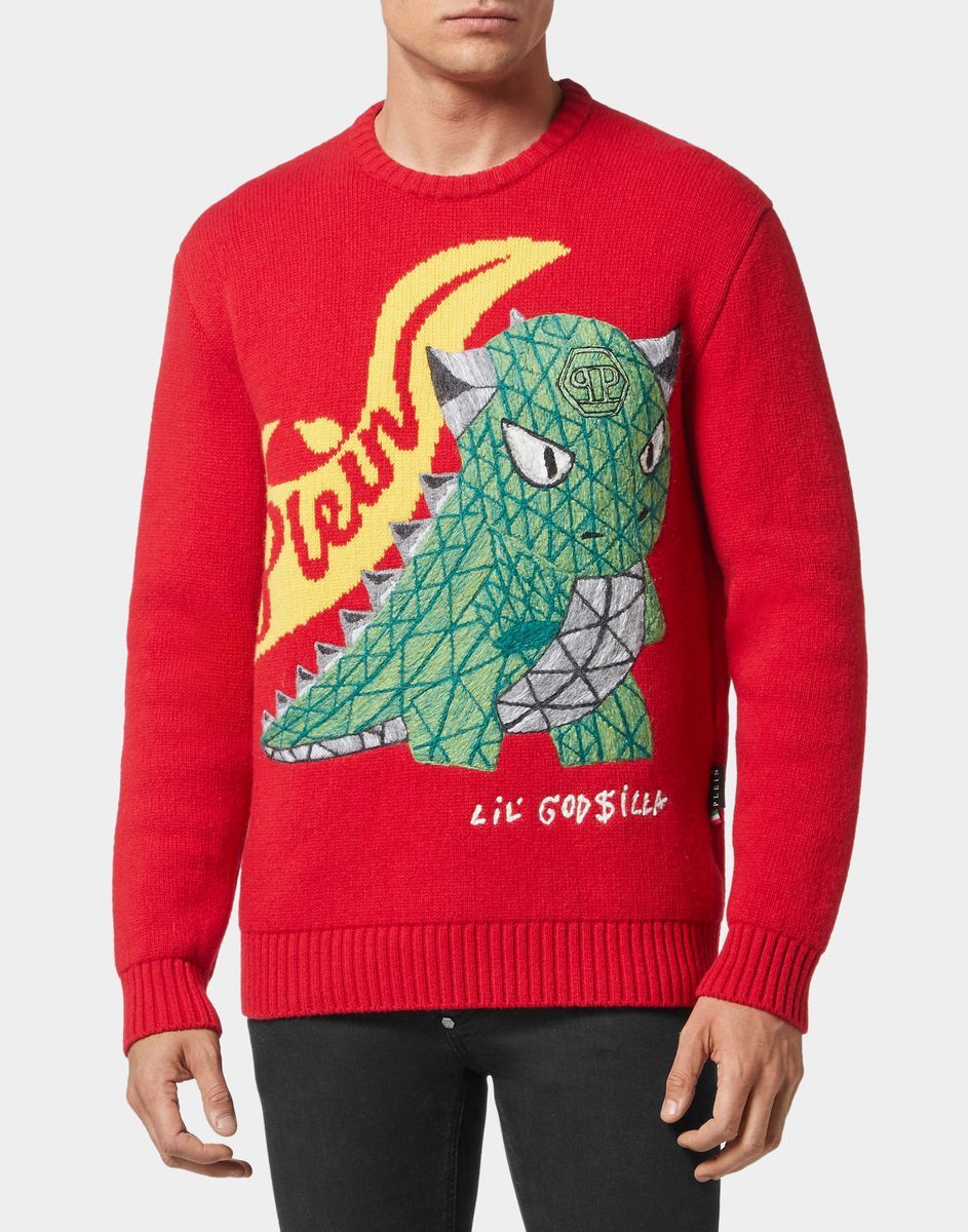 Bestickter Monster Rundhals-Pullover