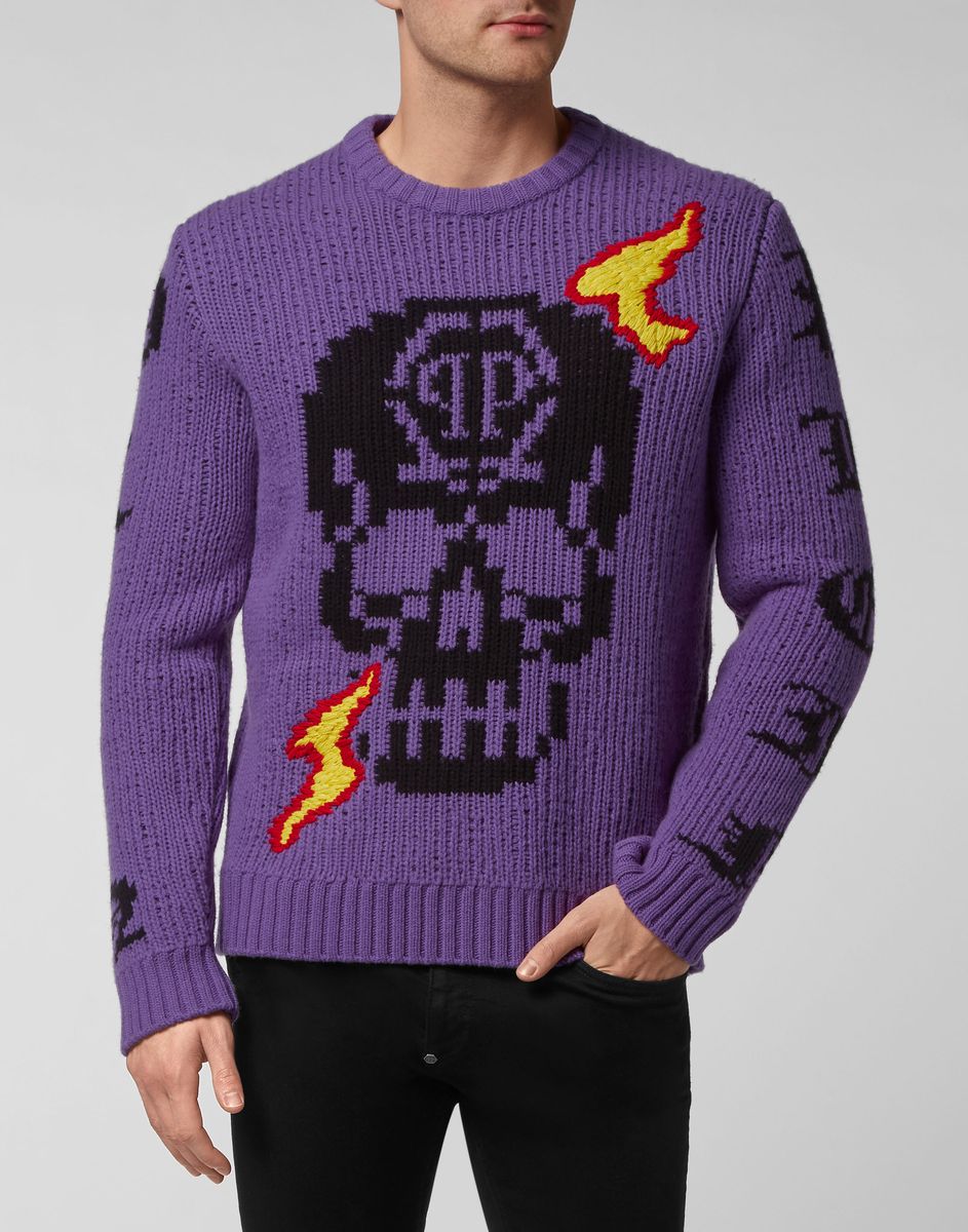 Bestickter Monster Rundhals-Pullover