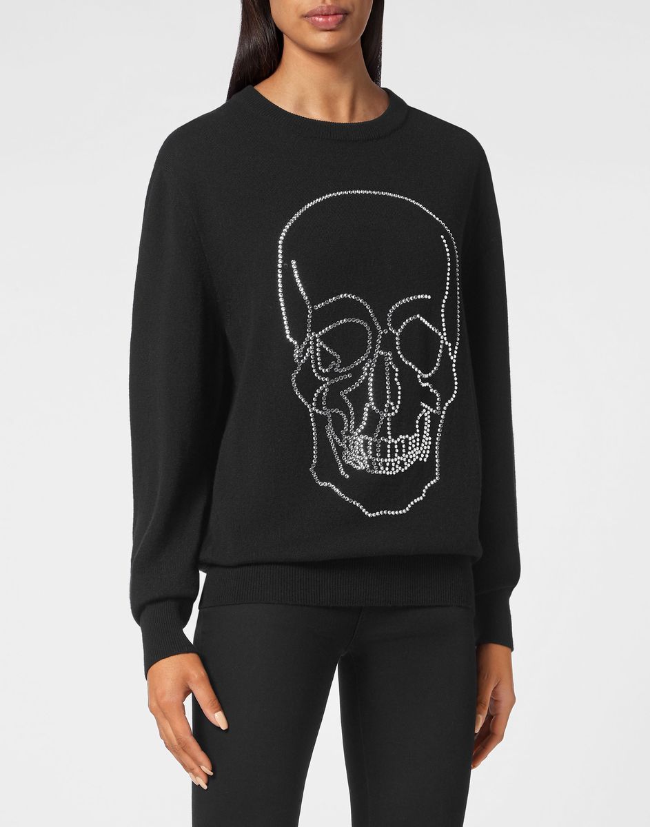 Kaschmir-Pullover mit Totenkopf aus Schmucksteinen