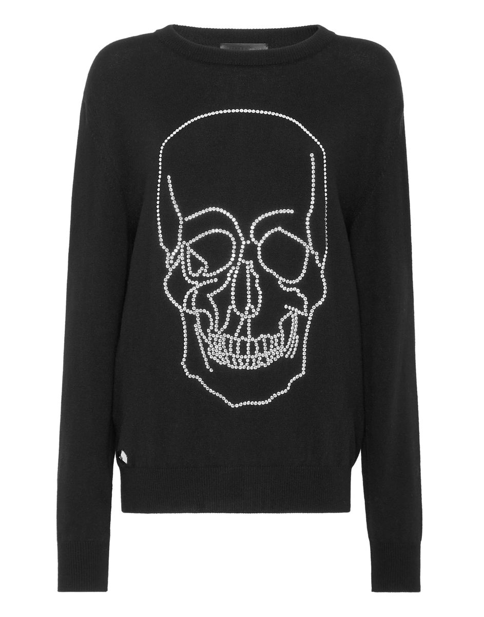 Kaschmir-Pullover mit Totenkopf aus Schmucksteinen