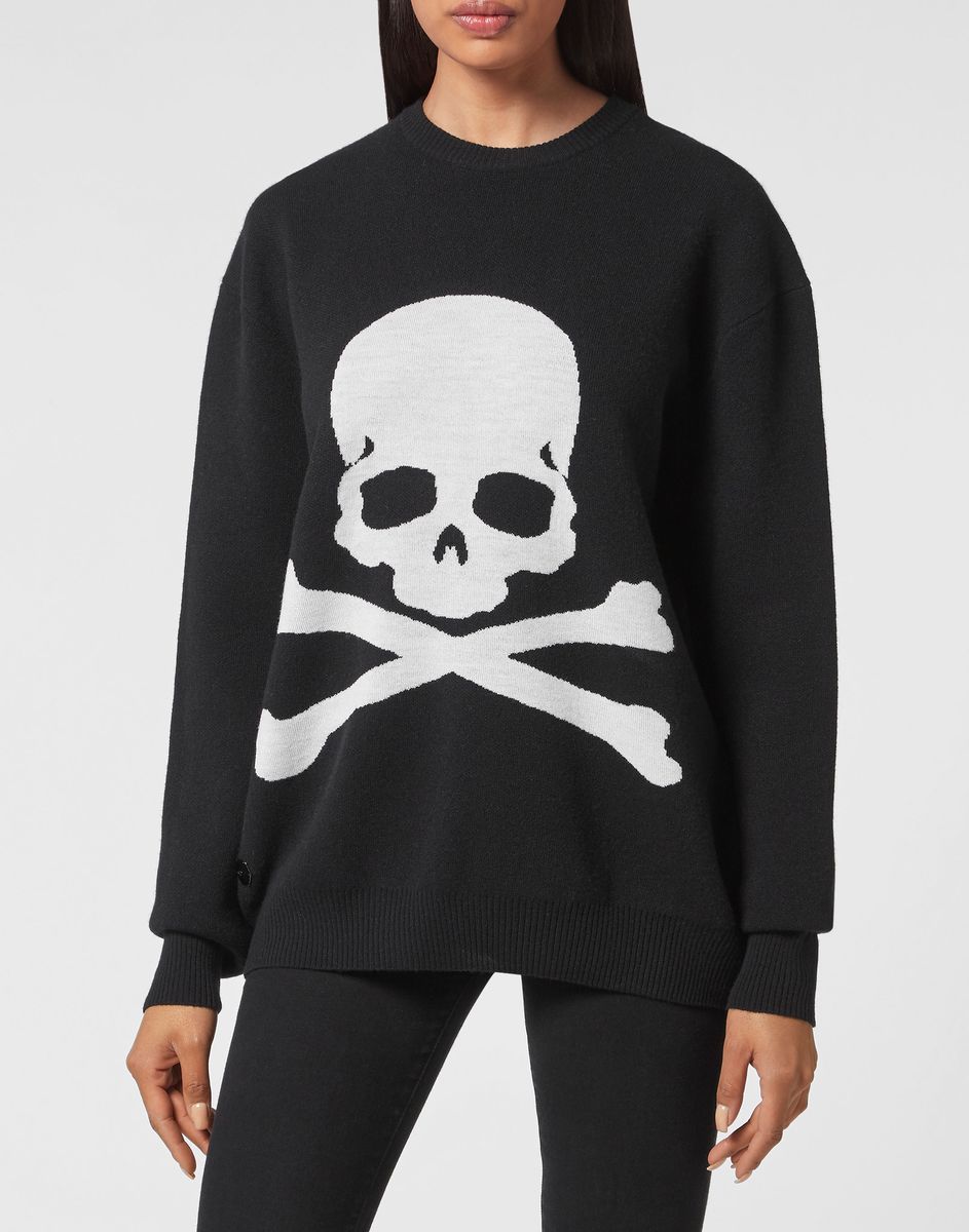 Wollpullover mit ikonischem Totenkopf-Intarsia
