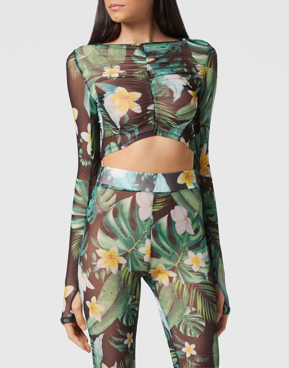 Crop-Top aus Mesh mit Blumendruck