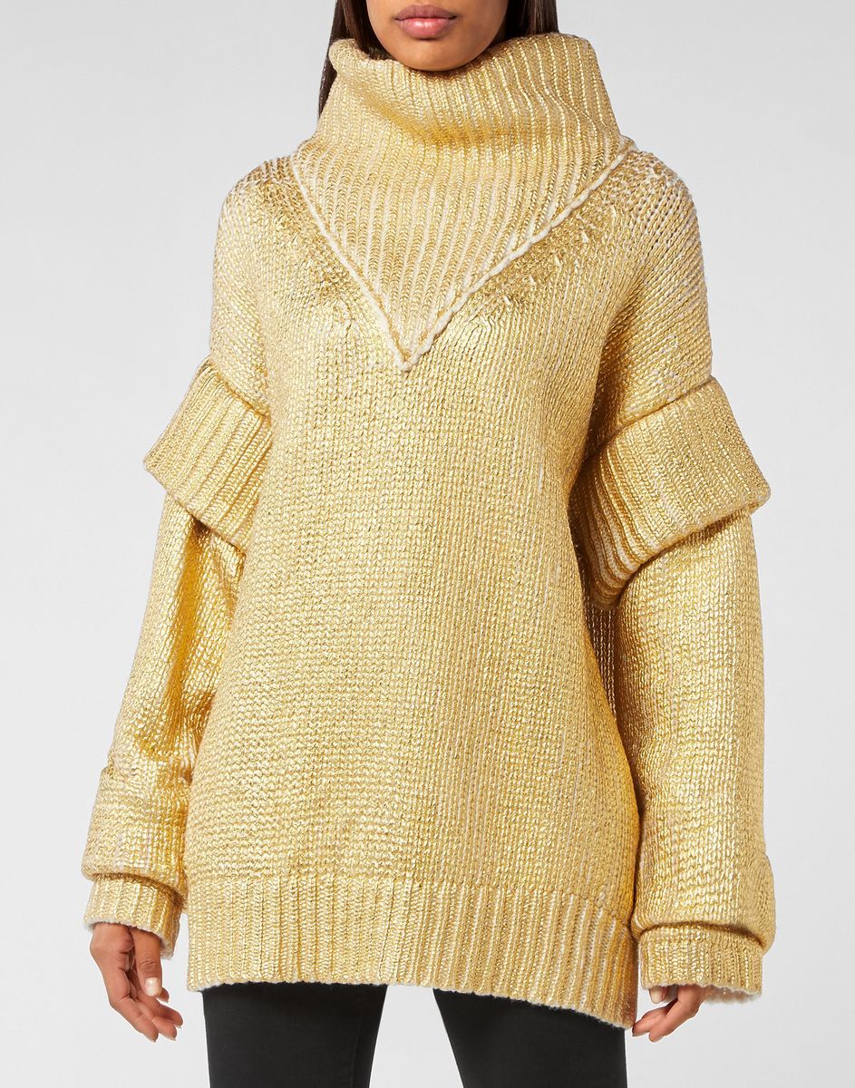 Metallic Goldener Oversize Rollkragen Strickpullover