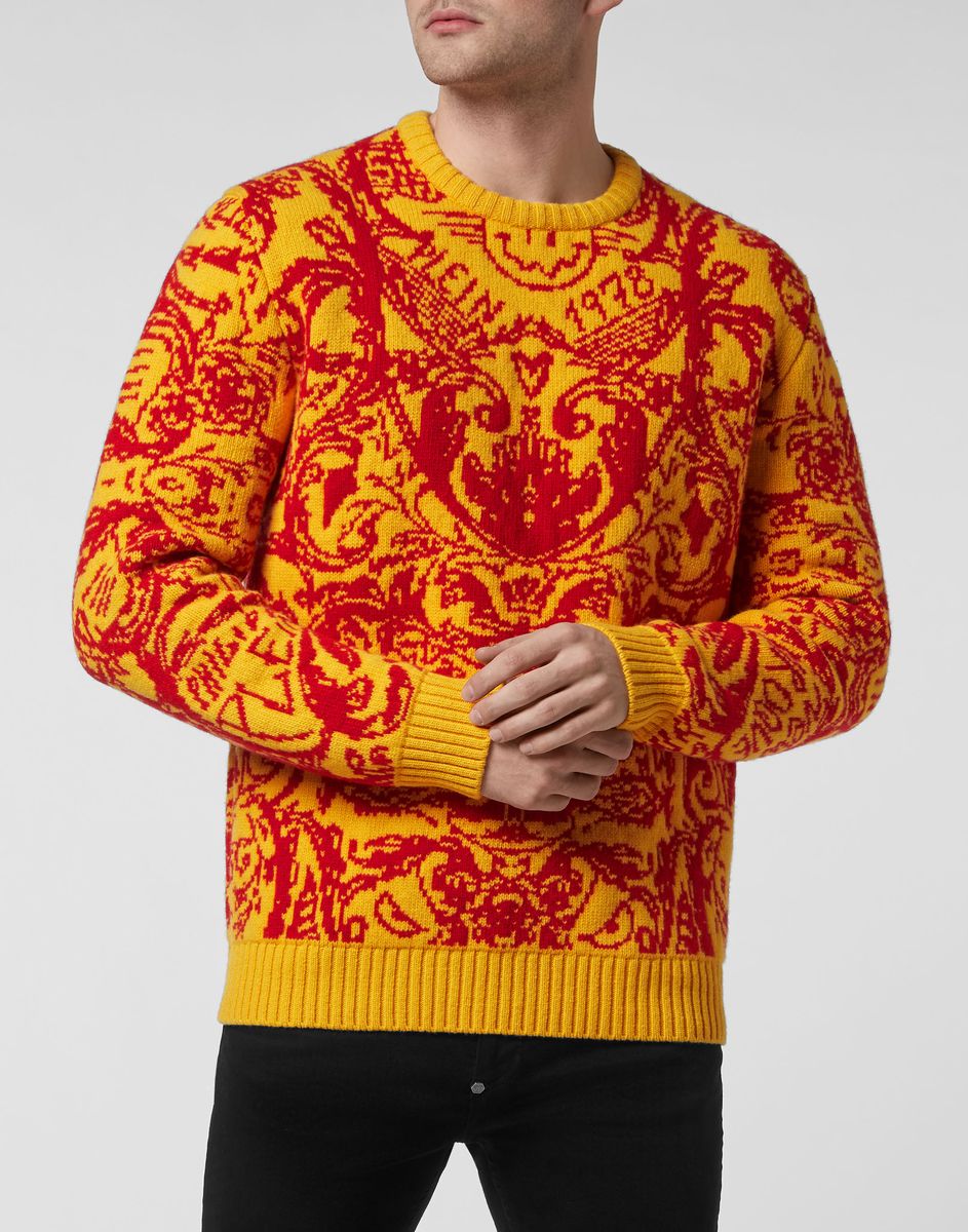 Jacquardmuster Wollmischpullover mit Rundhalsausschnitt