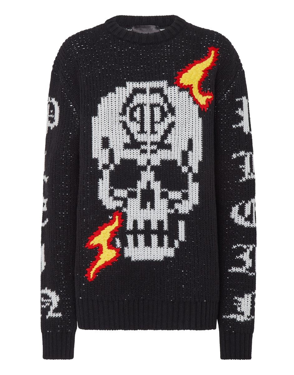 Strickpullover mit Pixel-Totenkopf-Intarsie