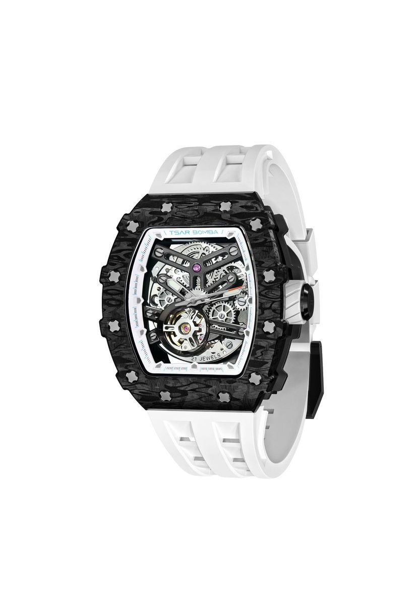 Herren Automatikuhr mit skelettiertem Zifferblatt und weißem Armband