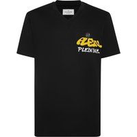 Baumwoll T-Shirt mit Graffiti-Schriftzug und V-Ausschnitt