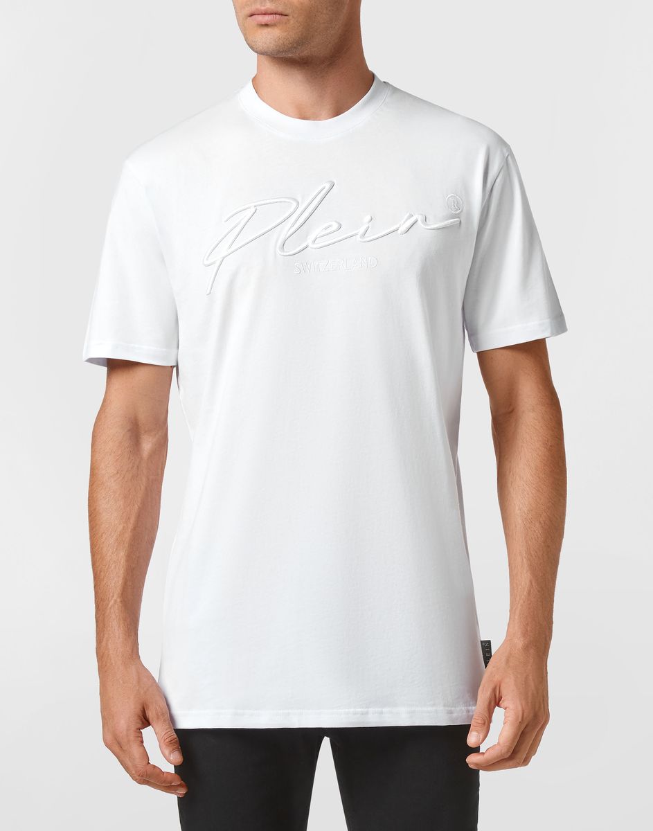 Weißes Baumwolljersey-T-Shirt mit Unterschrift