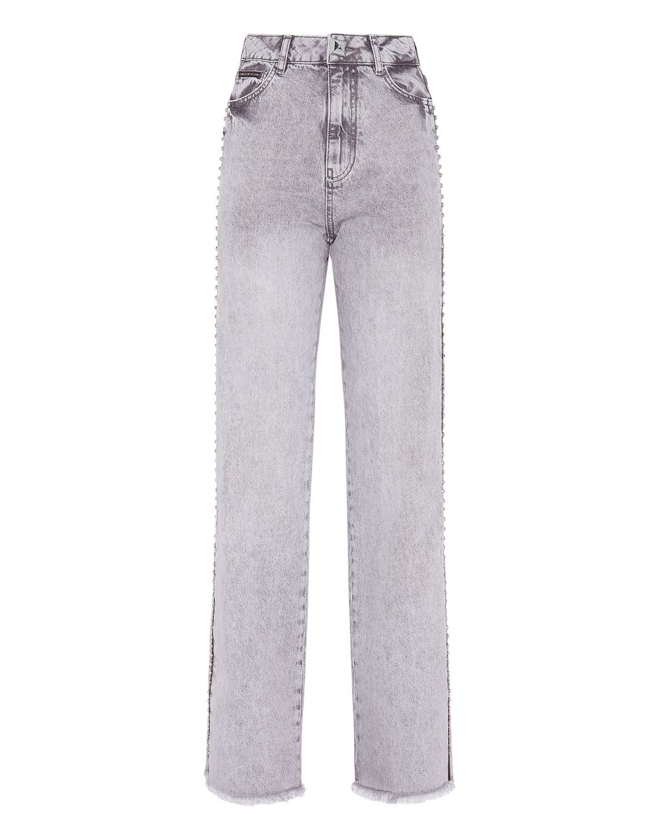 Weite High-Waist-Jeans mit Nietenbesatz