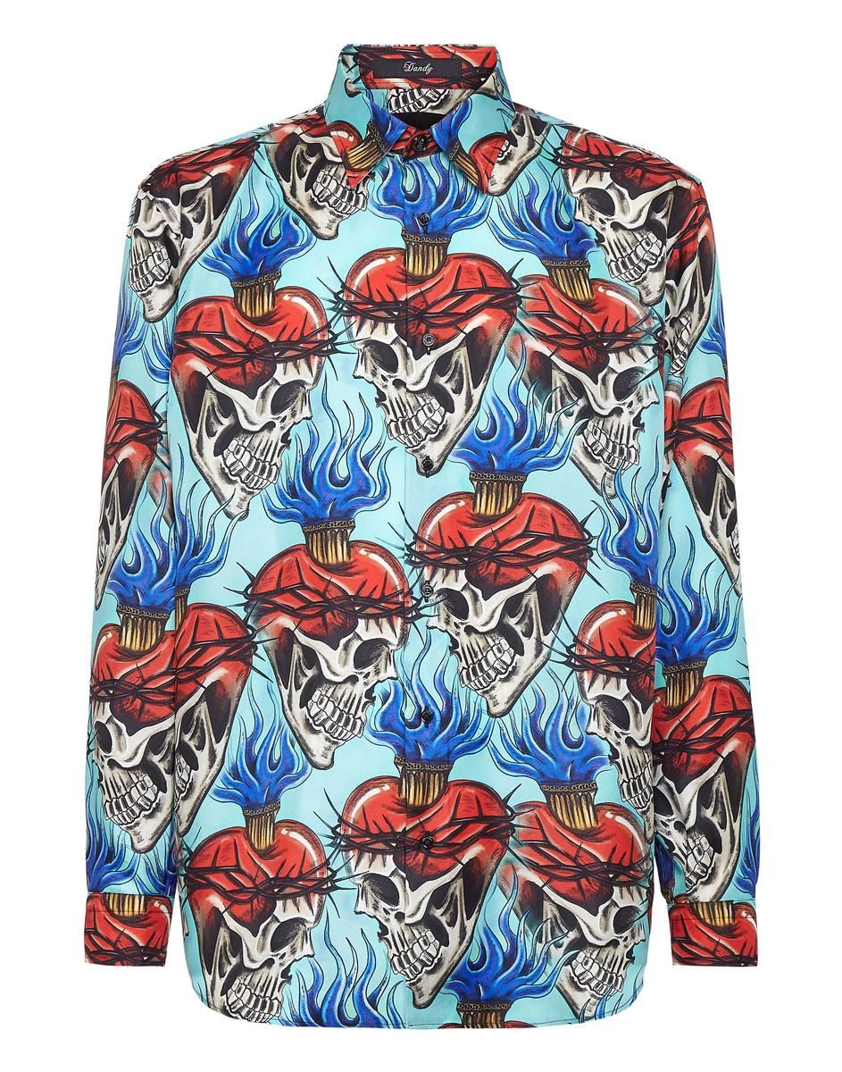 Seidenhemd mit Flammen-Totenkopf-Print