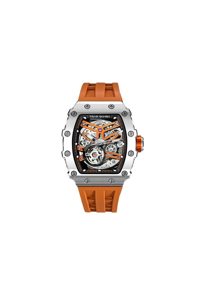 Herren Skelett Automatikuhr Orange Armband