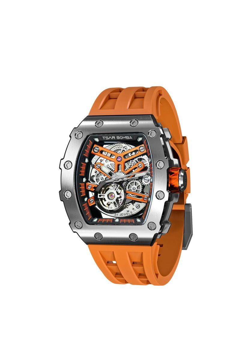 Herren Skelett Automatikuhr Orange Armband