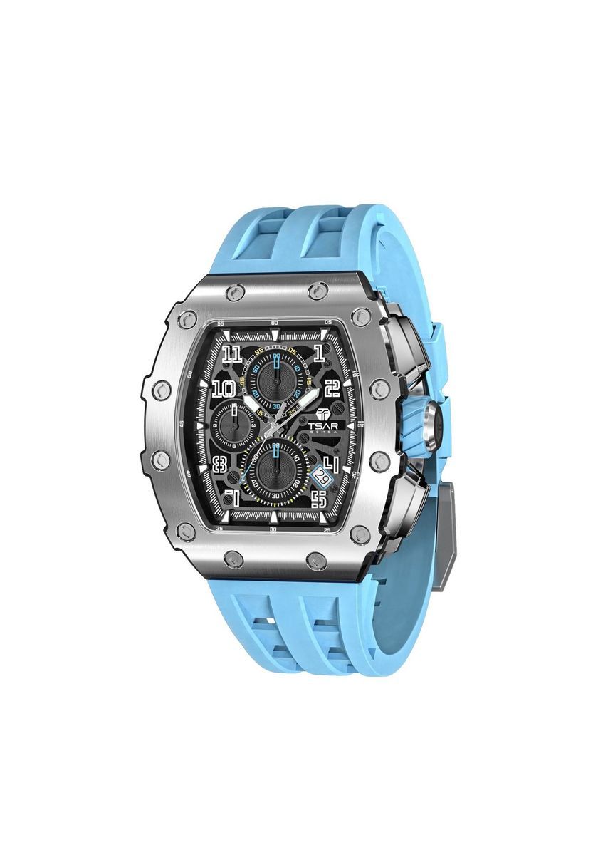 Herren-Chronographenuhr aus Stahl, blaues Armband