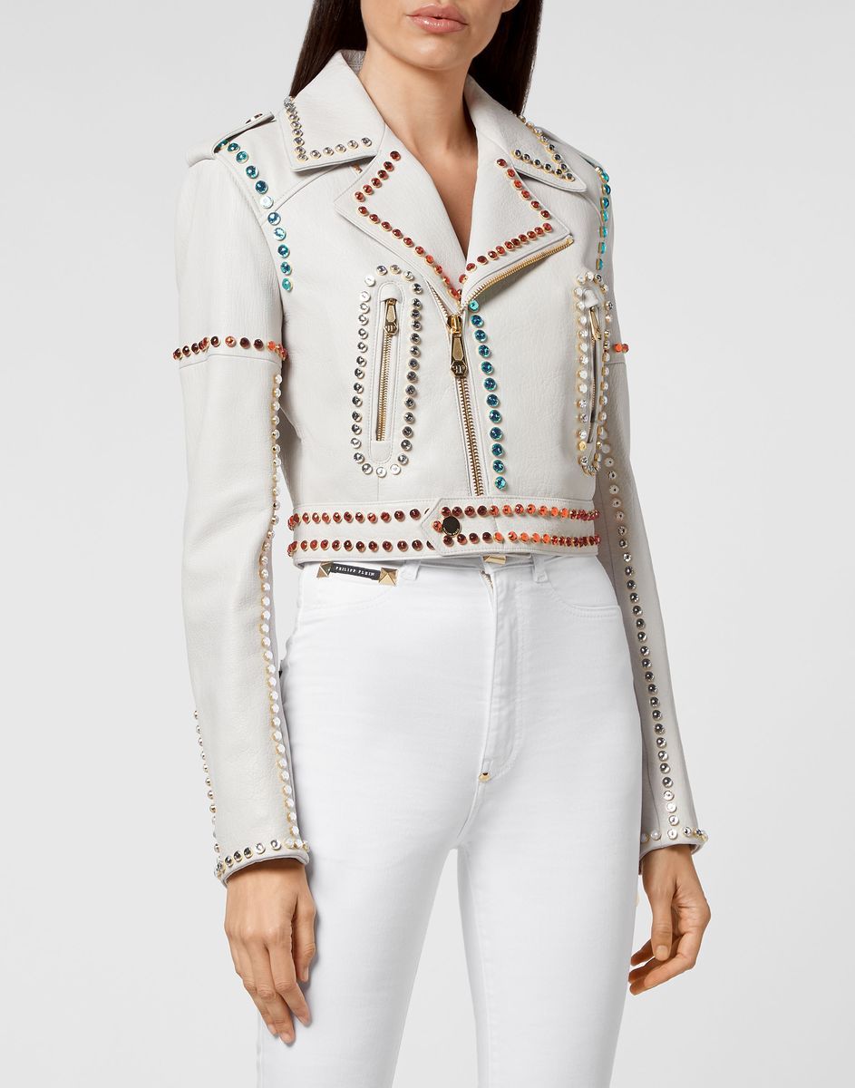 Besetzte Cropped Leder Bikerjacke