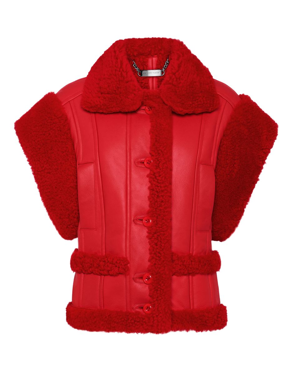 Gothic Plein Lederweste mit Lammfell