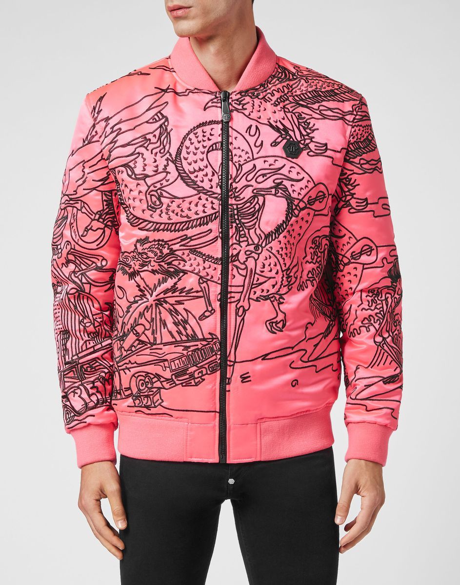Tattoo-bestickte Bomberjacke aus Satin
