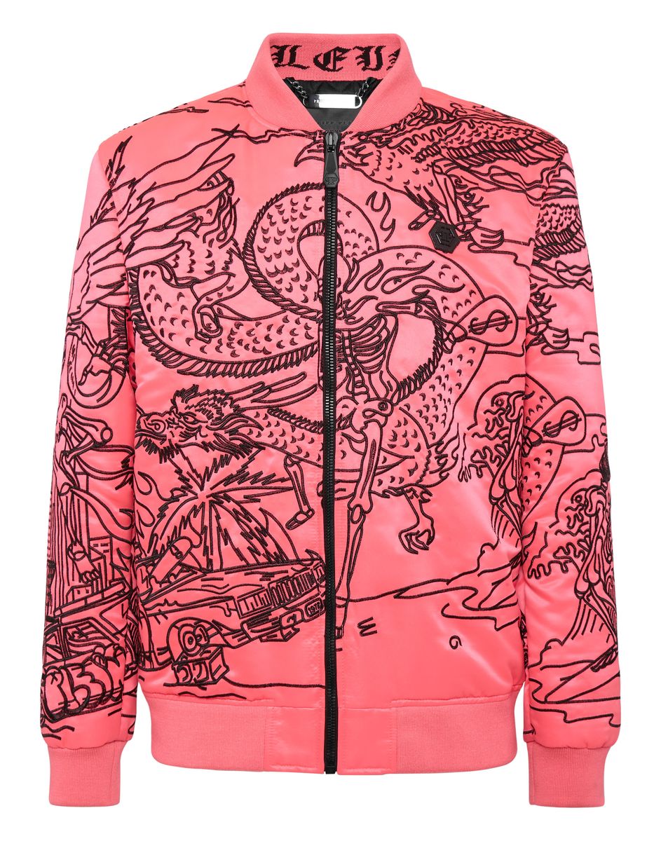 Satin-Bomberjacke mit Tattoo-Bestickung
