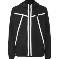 Schwarze Windjacke mit Kapuze und weißen Streifen