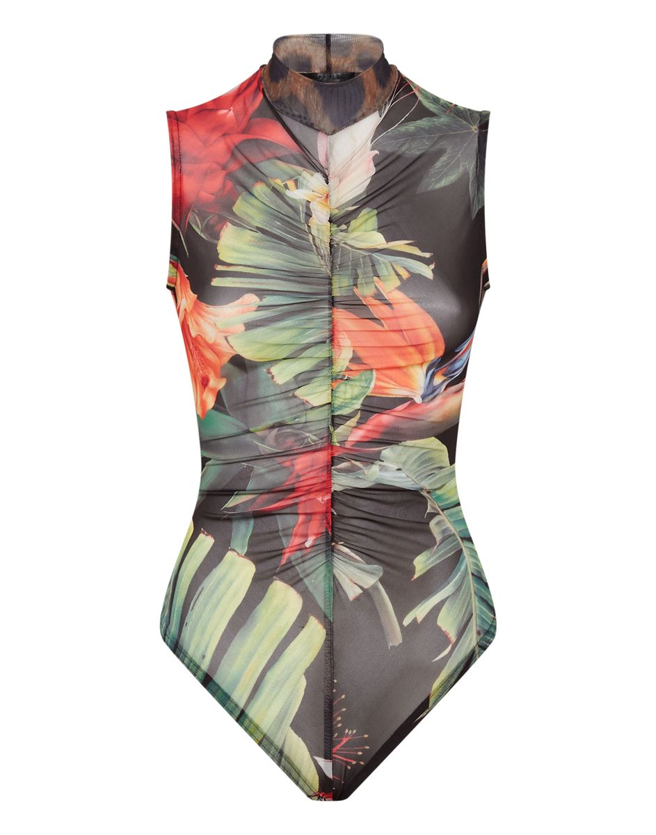 Ärmelloser Body mit Blumenprint und Raffung