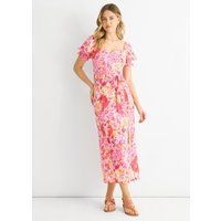 Geblümtes Midikleid mit Puffärmeln und Gürtel