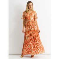Orangefarbenes Metallic-Jacquard-Maxikleid mit Flatterärmeln