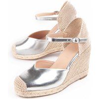 Silberne Keil-Espadrille-Sandale mit Knöchelriemen